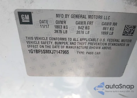 2018 Chevrolet Cruze Premier Auto z USA, uszkodzony, nr VIN 1G1BF5SMXJ7147965